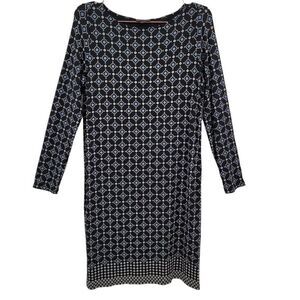 J. Jill Womens S Long Sleeve Lightweight Black Blue Geometric Shift Dress